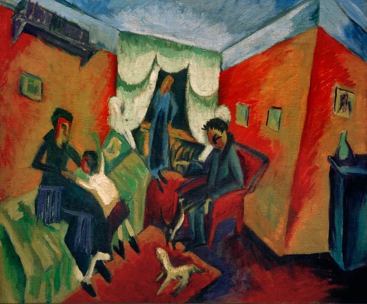 Wohnraum mit drei Personen, rotem Teppich und kleinem Hund – Ernst Ludwig Kirchner Interieur Kunstkopie