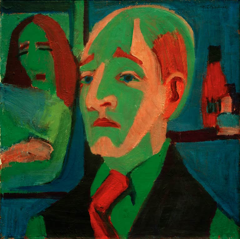 Rotblonder Mann mit grünem Gesicht und roter Krawatte vor dunklem Grund – Ernst Ludwig Kirchner Jan Wiegers Kunstkopie