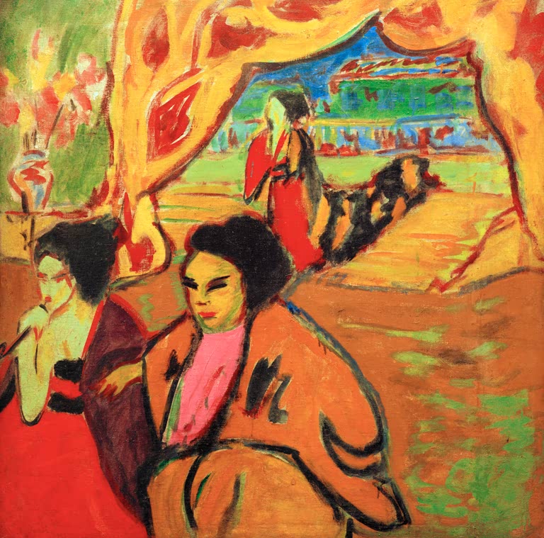 Zwei Frauen im Vordergrund vor einer farbigen Theaterbühne – Ernst Ludwig Kirchner Japanisches Theater Kunstkopie