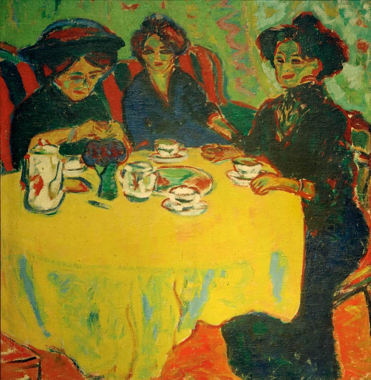 Drei Frauen mit Hüten sitzen an einem gelb gedeckten Tisch mit Tassen – Ernst Ludwig Kirchner Kaffeetafel Kunstkopie