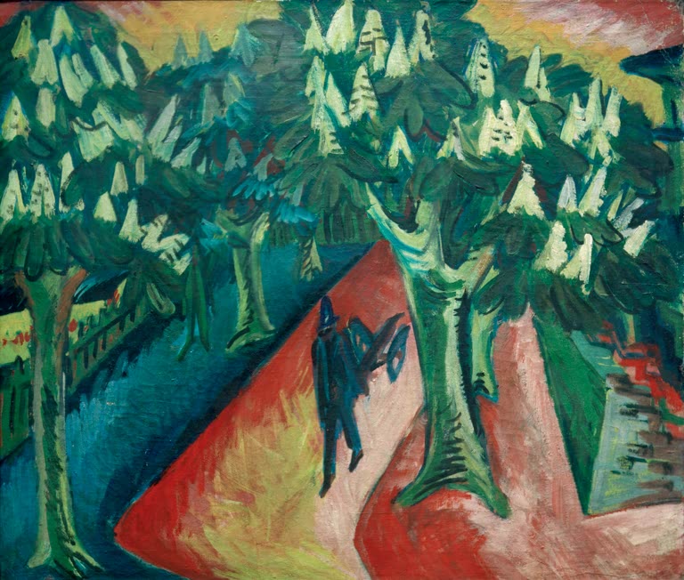Allee mit blühenden Kastanien und rotem Weg, darauf eine Figur – Ernst Ludwig Kirchner Kastanienallee Kunstkopie