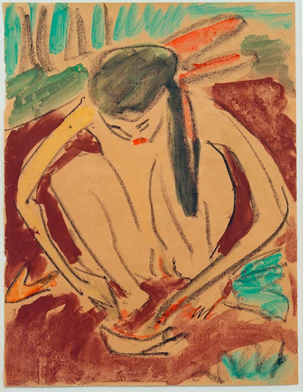 Kauerndes Mädchen in Rotbraun mit grünen Farbflächen im Hintergrund – Ernst Ludwig Kirchner Kauerndes Mädchen Kunstkopie