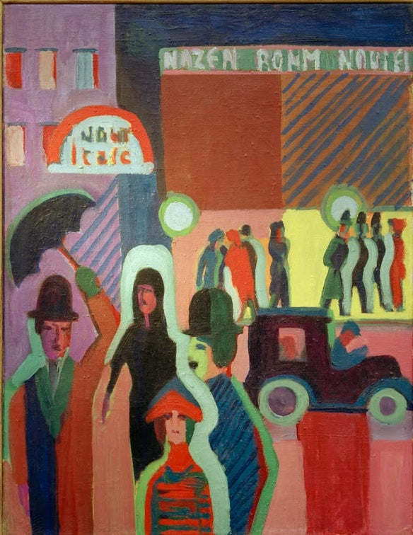 Passanten mit Regenschirm vor Kaufhaus und Auto in Rosa und Violett – Ernst Ludwig Kirchner Kaufhaus im Regen Kunstkopie