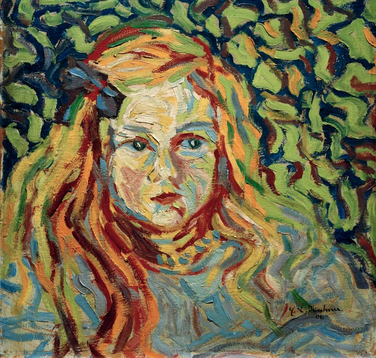 Gesicht eines Mädchens mit langen rotgelben Haaren und blauer Schleife – Ernst Ludwig Kirchner Kinderköpfchen Kunstkopie