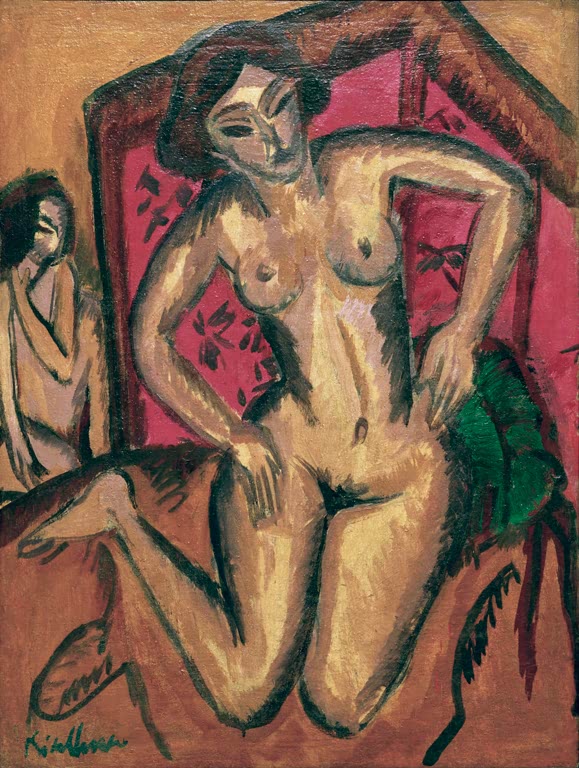 Kniender Mädchenakt vor rotem Wandschirm – Ernst Ludwig Kirchner Kniender Mädchenakt vor rotem Wandschirm Kunstkopie
