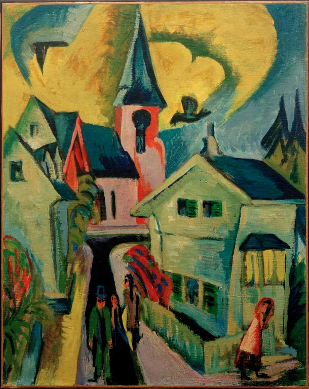 Dorfstraße mit rotem Kirchturm, Häusern und Passanten – Ernst Ludwig Kirchner Königstein mit roter Kirche Kunstkopie