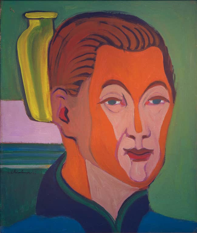 Orangefarbenes Gesicht vor grüner Wand, gelbe Vase links – Ernst Ludwig Kirchner Kopf des Malers (Selbstbildnis) Kunstkopie