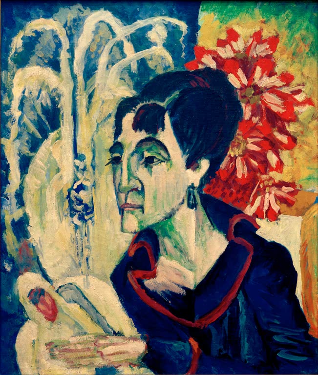 Frau mit dunklem Haar im Profil vor Fontäne und roter Blume – Ernst Ludwig Kirchner Kopf Erna Kunstkopie