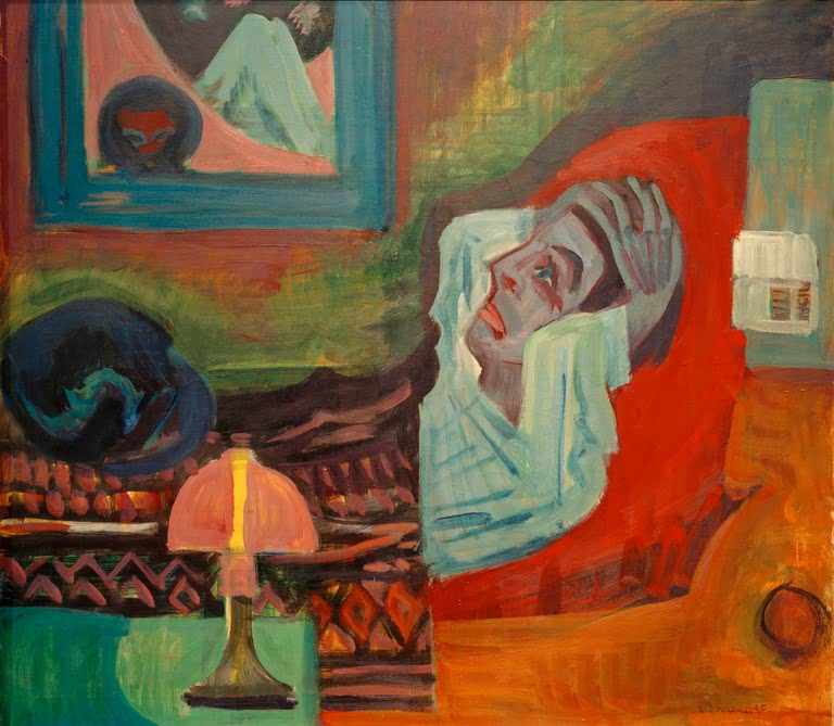Kranker liegt im roten Bett, daneben Lampe und Hut – Ernst Ludwig Kirchner Kranker in der Nacht (Der Kranke) Kunstkopie