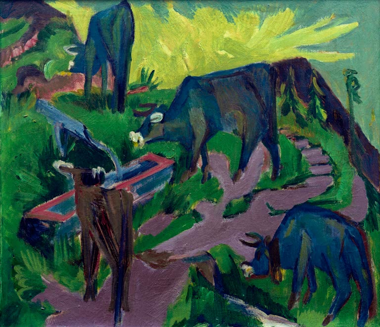 Dunkle Kühe an einem Trog auf grüner Almwiese unter gelbem Himmel – Ernst Ludwig Kirchner Kühe bei Sonnenuntergang Kunstkopie
