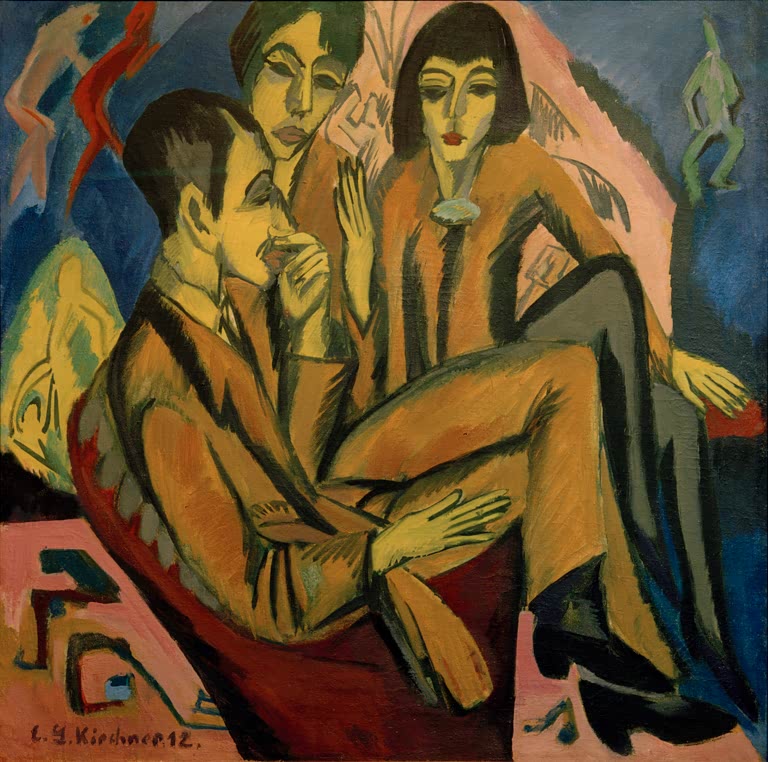Drei Personen in braunen Gewändern eng beieinander im Gespräch – Ernst Ludwig Kirchner Künstlergruppe Kunstkopie