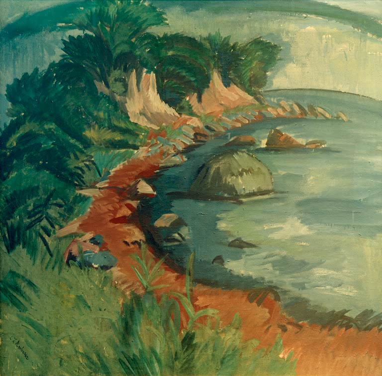 Felsige Bucht mit Steilufer, Findling im Wasser und Büschen – Ernst Ludwig Kirchner Küste in Fehmarn Kunstkopie