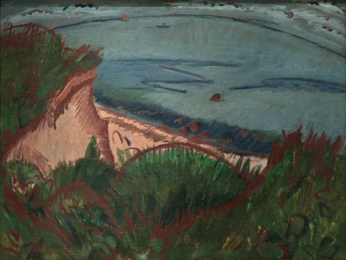 Steilküste mit Gras über einer blauen Meeresbucht – Ernst Ludwig Kirchner Küstenlandschaft auf Fehmarn Kunstkopie