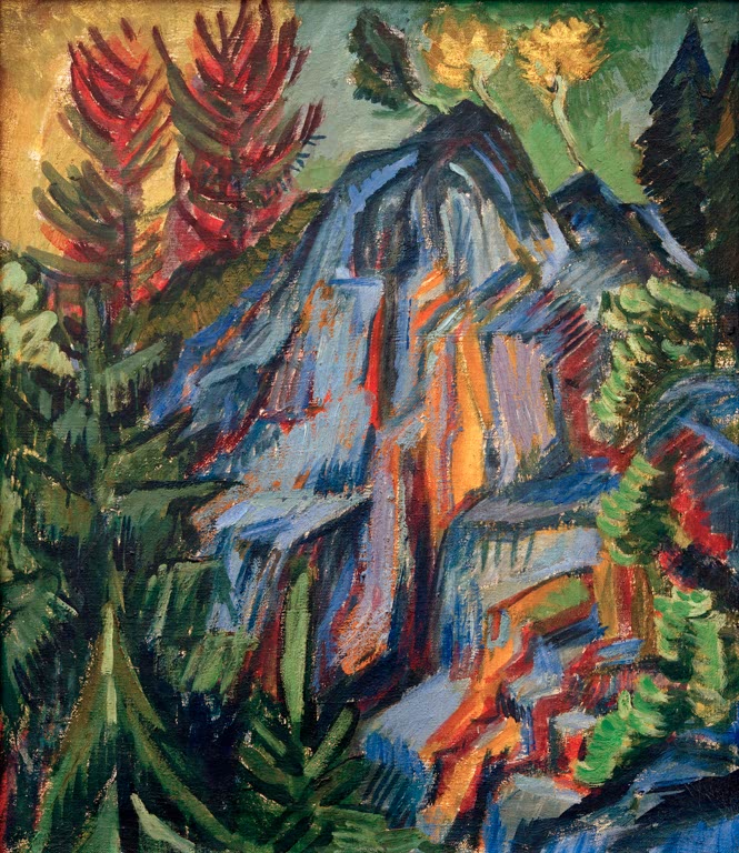 Blaue Felsen zwischen Tannen, oben rote Lärchen – Ernst Ludwig Kirchner Landschaft mit blauen Felsen Kunstkopie
