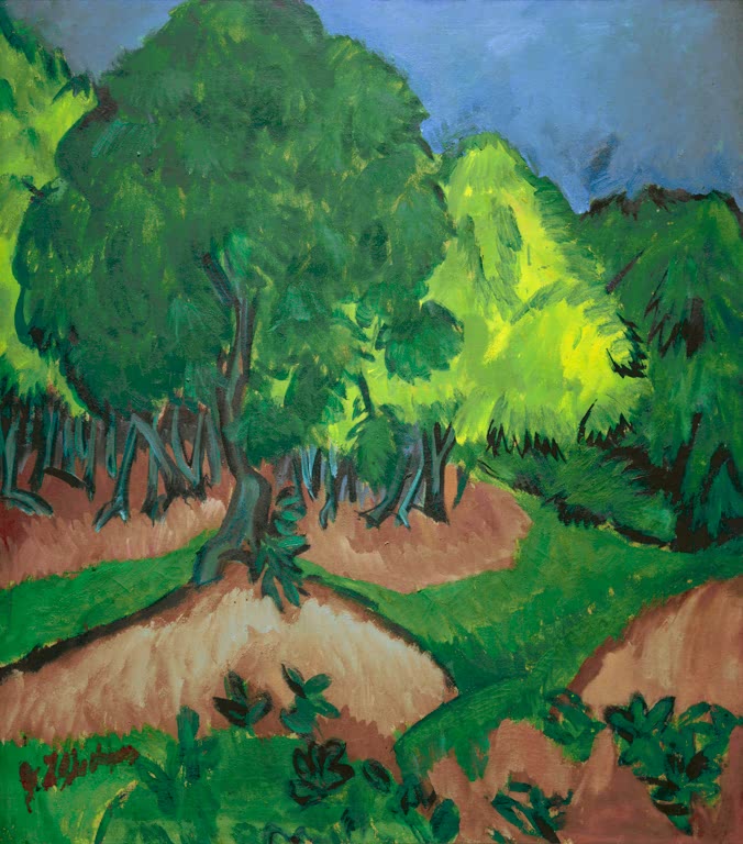 Grüne Baumgruppe an einem Hang mit rotbraunen Wegen – Ernst Ludwig Kirchner Landschaft mit Kastanienbaum Kunstkopie