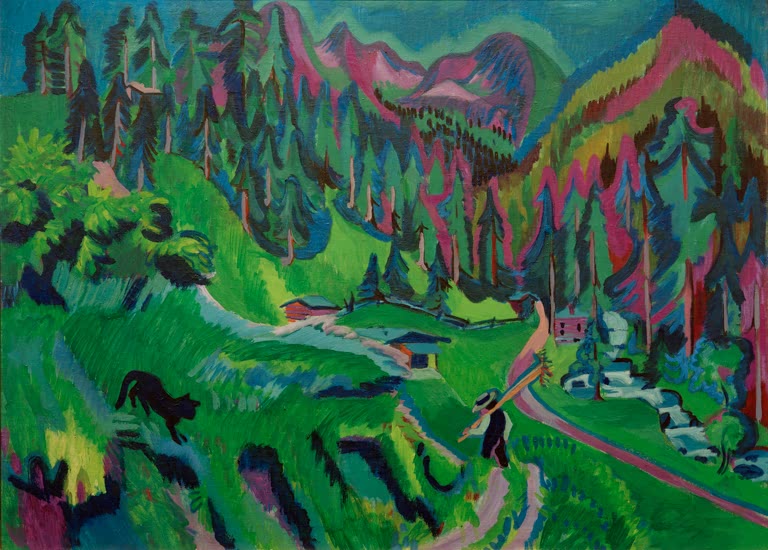 Grünes Tal mit Bach, Hütten, Holzträger und Bergen – Ernst Ludwig Kirchner Landschaft Sertigtal Kunstkopie