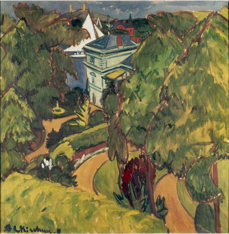 Villa zwischen Bäumen und Wiesen mit geschwungenem Weg – Ernst Ludwig Kirchner Landschaft Villa bei Grünau Kunstkopie