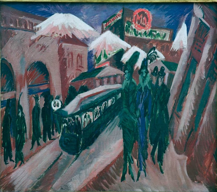 Straßenbahn und Passanten vor Arkaden im Schnee – Ernst Ludwig Kirchner Leipziger Straße mit elektrischer Bahn Kunstkopie