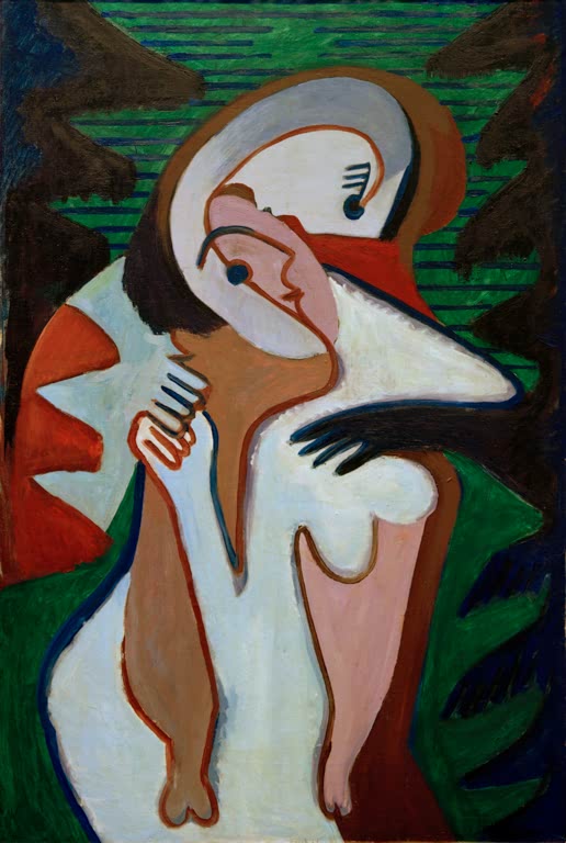 Küssendes Liebespaar in Weiß und Rosa mit grünen Streifen im Grund – Ernst Ludwig Kirchner Liebespaar Der Kuß Kunstkopie