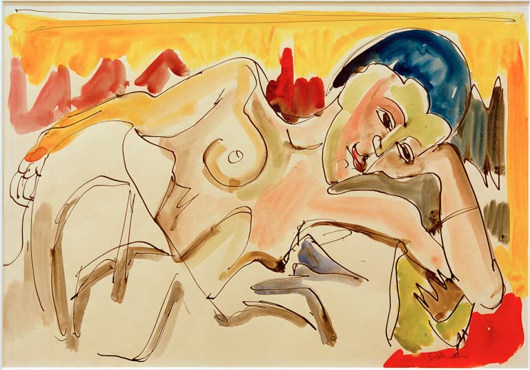 Liegender Frauenakt in zarten Aquarellfarben – Ernst Ludwig Kirchner Liegende mit entblößtem Oberkörper Kunstkopie