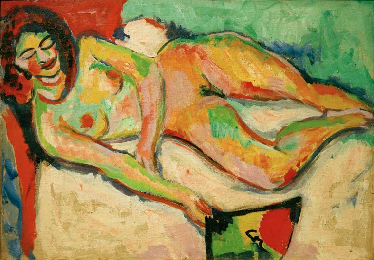 Liegender weiblicher Akt in Gelb und Grün auf hellem Untergrund – Ernst Ludwig Kirchner Liegender Akt mit Fächer Kunstkopie