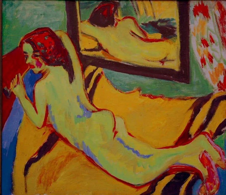 Liegender Akt mit rotem Haar vor einem Spiegel auf gelber Decke – Ernst Ludwig Kirchner Liegender Akt vor Spiegel Kunstkopie