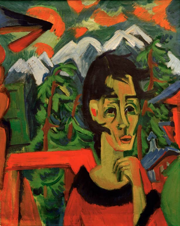 Mädchen mit nachdenklichem Blick vor Bergen und roten Balkonbrüstung – Ernst Ludwig Kirchner Mädchen im Föhn Kunstkopie