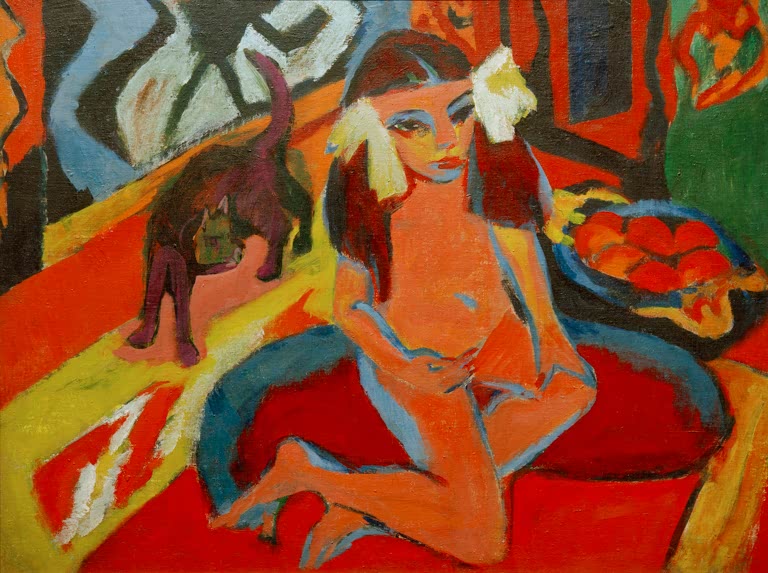 Nacktes Mädchen mit Schleife hockt neben einer Katze – Ernst Ludwig Kirchner Mädchen mit Katze Fränzi Kunstkopie