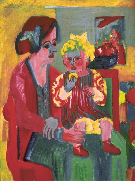 Frau in Rot hält ein blondes Kind mit gelber Schleife auf dem Schoß – Ernst Ludwig Kirchner Mädchen mit Kind Kunstkopie
