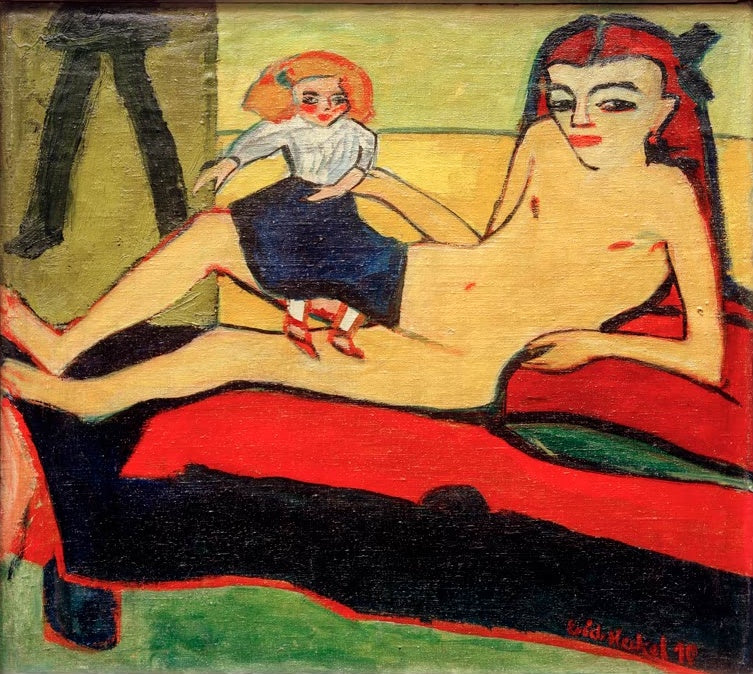 Ernst Ludwig Kirchner Mädchen mit Puppe Kunstkopie, liegende nackte Frau mit Stoffpuppe auf rot-schwarzem Lager