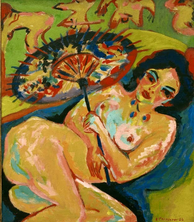 Nackte Frau kauert unter einem gemusterten Schirm – Ernst Ludwig Kirchner Mädchen unter Japanschirm Kunstkopie