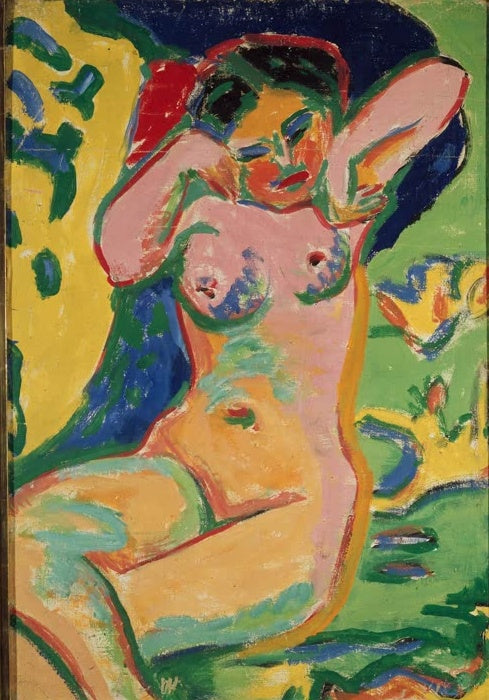 Liegender Akt mit erhobenen Armen auf bunter Wiese – Ernst Ludwig Kirchner Mädchenakt auf blühender Wiese Kunstkopie