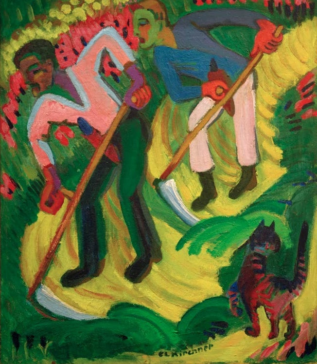Zwei Bauern mähen mit Sensen eine Wiese, rechts eine Katze – Ernst Ludwig Kirchner Mäher, die Brüder Müller Kunstkopie