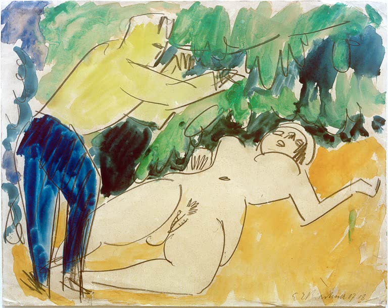 Liegender weiblicher Akt, dahinter ein Maler unter grünem Laub – Ernst Ludwig Kirchner Maler und Modell Kunstkopie