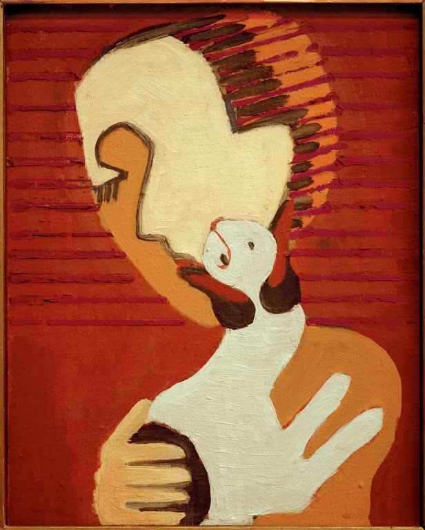 Stilisierter Kopf eines Mannes mit weißer Katze vor rotem Hintergrund – Ernst Ludwig Kirchner Mann mit Katze Kunstkopie