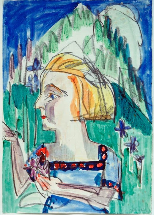 Profil einer blonden jungen Frau mit Veilchen vor blaugrüner Landschaft – Ernst Ludwig Kirchner Mariele Kunstkopie