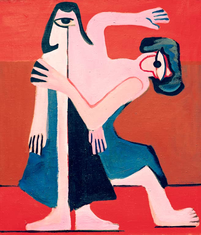 Zwei maskenhafte Figuren in rosa und Blau tanzen vor rotem Hintergrund – Ernst Ludwig Kirchner Maskentanz Kunstkopie