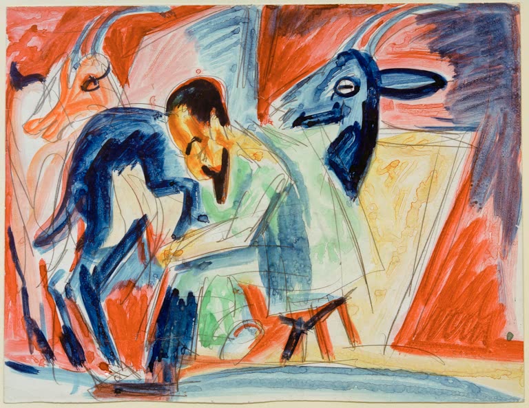 Bauer melkt eine Ziege zwischen blauen Ziegen vor rot-orangem Grund – Ernst Ludwig Kirchner Melkender Bauer Kunstkopie
