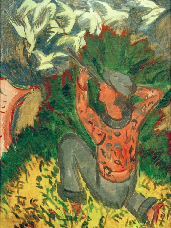 Jäger in orangefarbenem Hemd zielt auf weiße Vögel im Gebüsch – Ernst Ludwig Kirchner Möwenjäger im Gehölz Kunstkopie