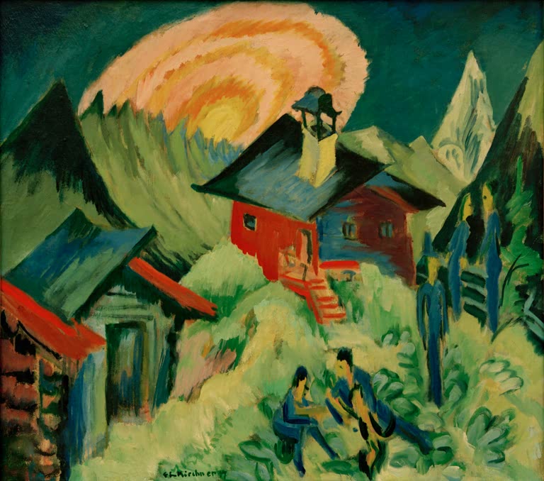 Rote Alphütten, davor zwei Sitzende, dahinter Berge und Mond – Ernst Ludwig Kirchner Mondaufgang auf der Stafelalp Kunstkopie