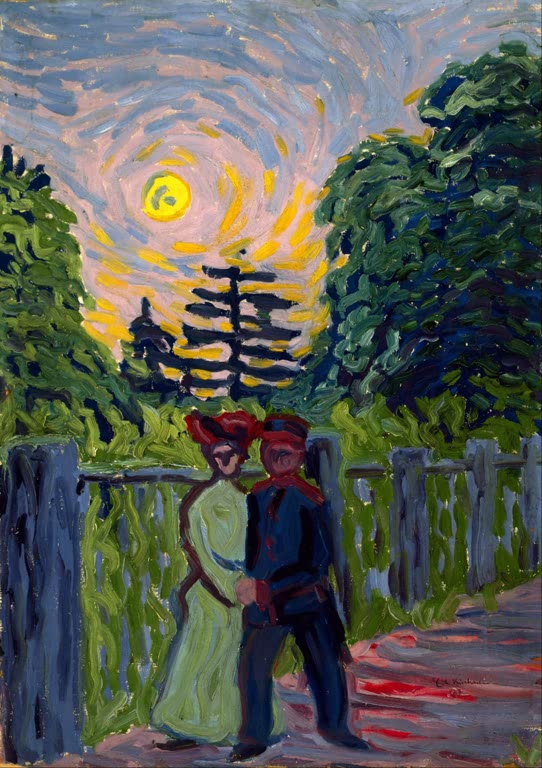 Soldat und Mädchen gehen vor einem Zaun unter gelbem Mond – Ernst Ludwig Kirchner Mondaufgang Soldat und Mädchen Kunstkopie