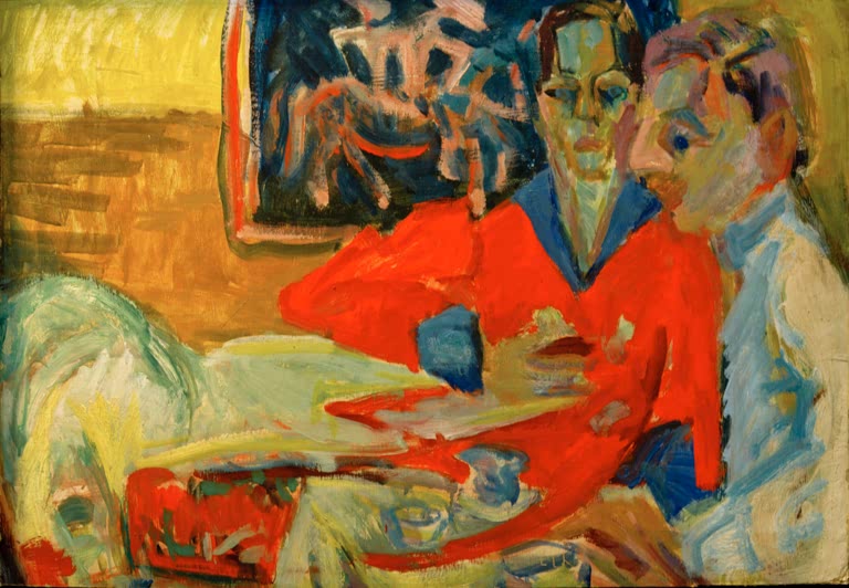 Zwei Männer in Rot und Grau am Frühstückstisch vor einem Bild – Ernst Ludwig Kirchner Morgenkaffee Kunstkopie