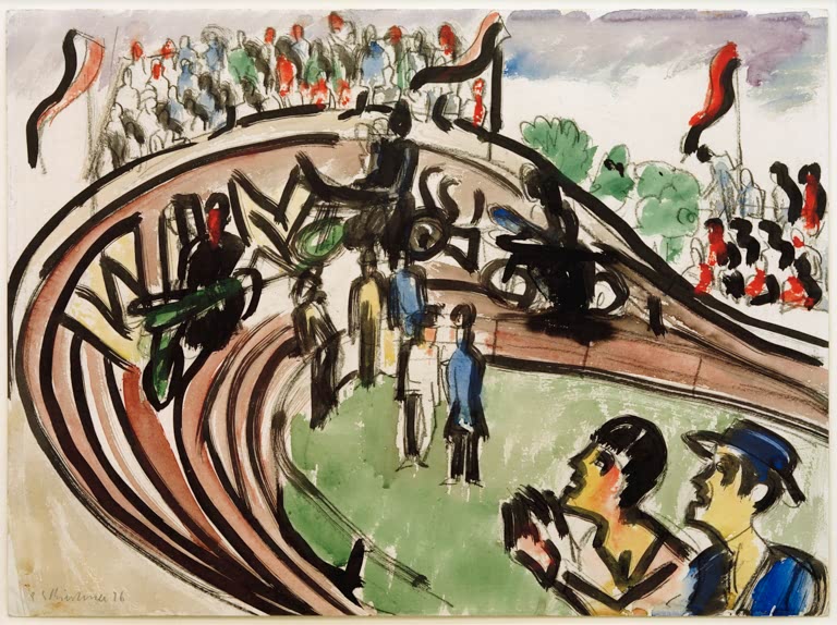 Motorradrennen auf der Bahn, vorn zwei Zuschauer – Ernst Ludwig Kirchner Motorradrennen Kunstkopie als Aquarell