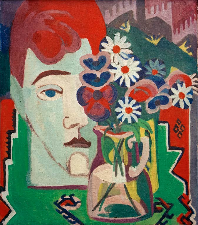 Helles Gesicht hinter Blumenstrauß in Glasvase vor Gebirge – Ernst Ludwig Kirchner Müllerkopf mit Blumen Kunstkopie
