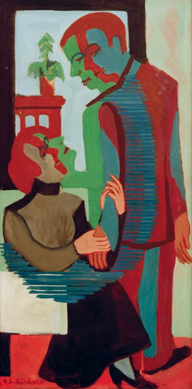 Mutter und Sohn stehen sich in einem Zimmer vor grünem Fenster gegenüber – Ernst Ludwig Kirchner Mutter und Sohn Kunstkopie