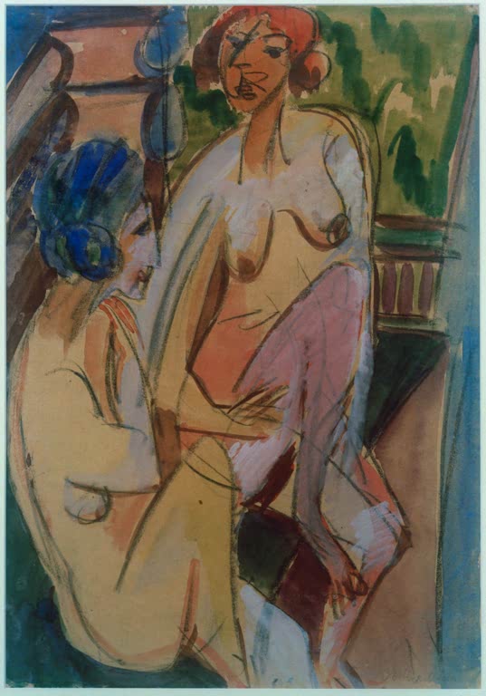 Zwei Frauenakte nach dem Bad in zarten Aquarellfarben – Ernst Ludwig Kirchner Nach dem Bade Kunstkopie