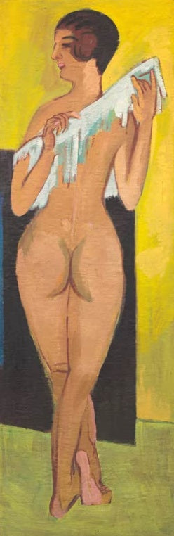 Ernst Ludwig Kirchner Nackte Figur Kunstkopie, stehende nackte Frau von hinten mit weißem Tuch vor gelbem Grund