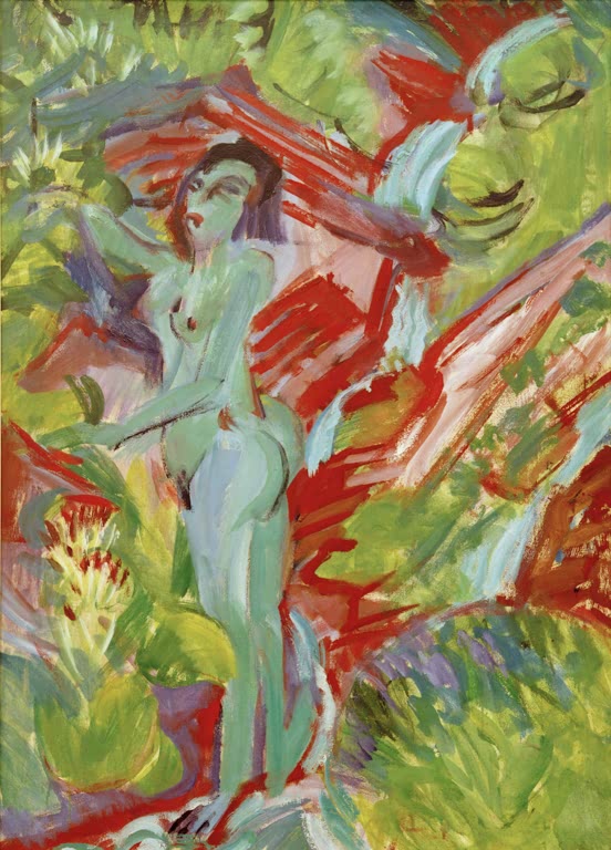 Nackte Frau in grünem Licht zwischen roten und grünen Formen – Ernst Ludwig Kirchner Nackte Frau an der Quelle Kunstkopie