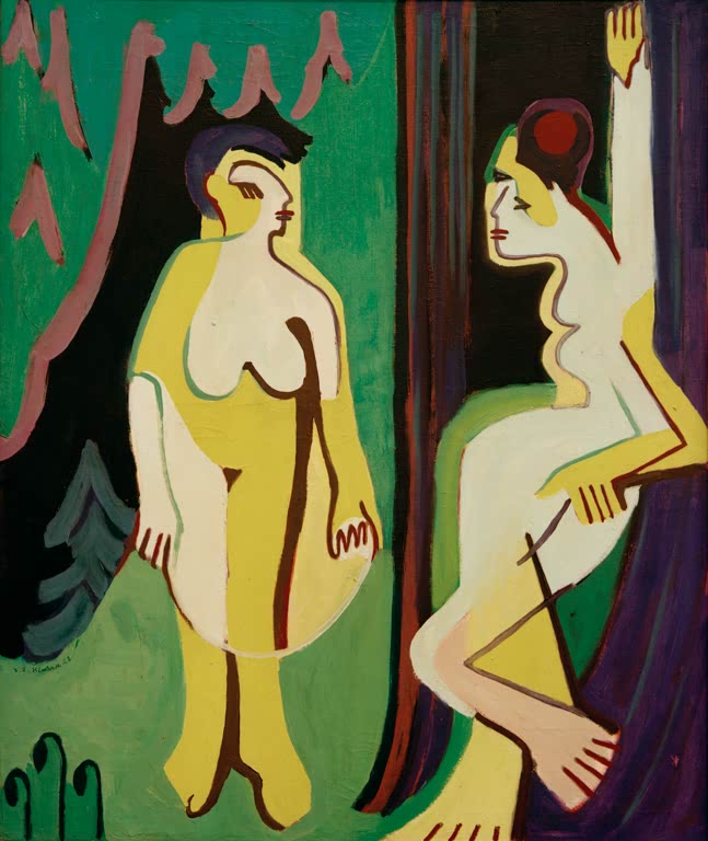 Zwei nackte Frauen auf einer Waldwiese vor dunklen Bäumen – Ernst Ludwig Kirchner Nackte Frauen auf Waldwiese Kunstkopie