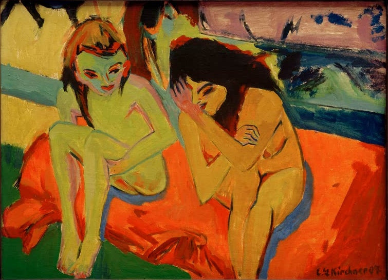 Zwei nackte Mädchen auf orangem Tuch im Gespräch – Ernst Ludwig Kirchner Nackte Mädchen unterhalten sich Kunstkopie